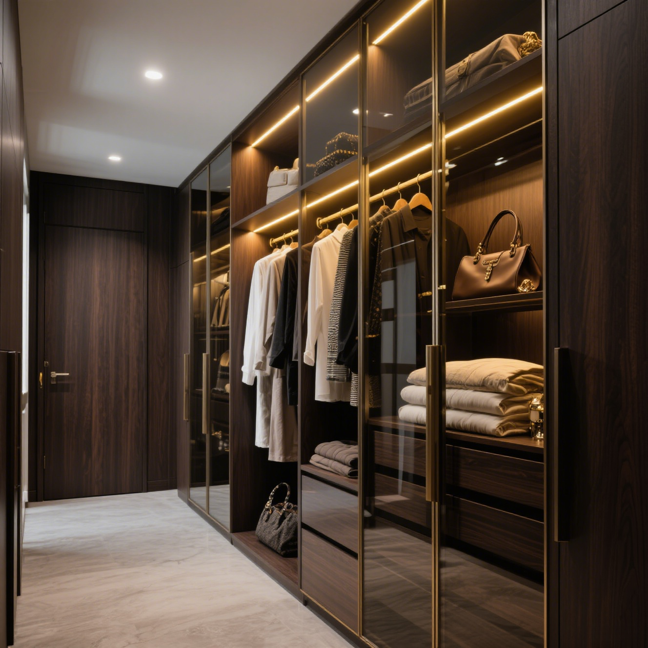 Modern Light Luxury Walk-in Cloakroom with Deep Wood Ribbon Glass Door and Drawer Light-Style Wardrobes