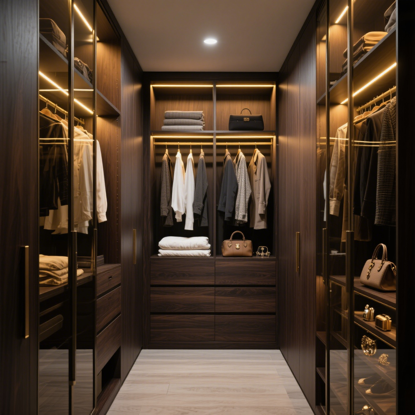 Modern Light Luxury Walk-in Cloakroom with Deep Wood Ribbon Glass Door and Drawer Light-Style Wardrobes