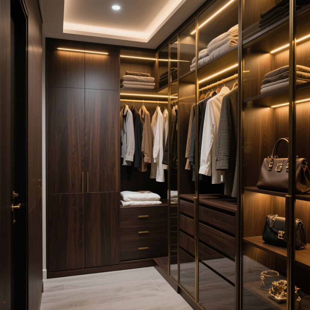 Modern Light Luxury Walk-in Cloakroom with Deep Wood Ribbon Glass Door and Drawer Light-Style Wardrobes