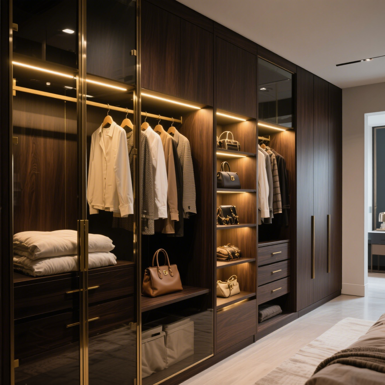 Modern Light Luxury Walk-in Cloakroom with Deep Wood Ribbon Glass Door and Drawer Light-Style Wardrobes