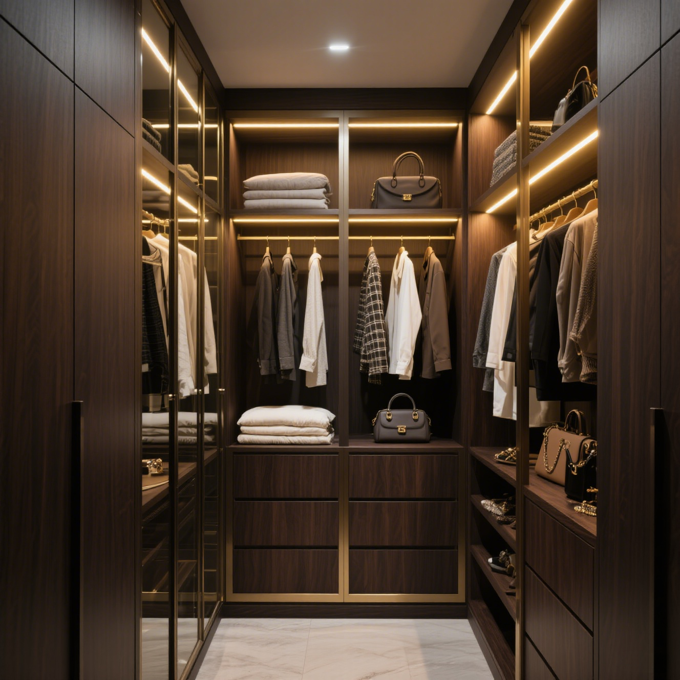Modern Light Luxury Walk-in Cloakroom with Deep Wood Ribbon Glass Door and Drawer Light-Style Wardrobes